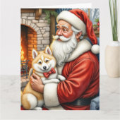 Santa Claus Holding American Eskimo Christmas Art Karte (Vorderseite)