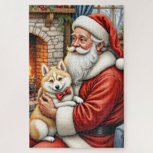 Santa Claus Holding American Eskimo Christmas Art Puzzle (Vertikal)