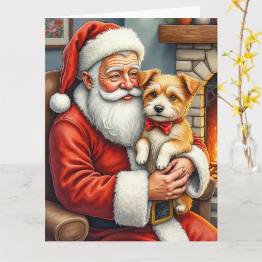 Santa Claus Holding Australian Terrier Christmas Karte (Gelbe Blume)