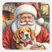 Santa Claus Holding Beagle Christmas Art Quadratischer Aufkleber (Vorderseite)