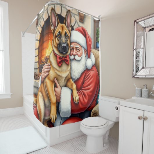 Santa Claus Holding Belgian Malinois Christmas Art Duschvorhang (Beispiel)