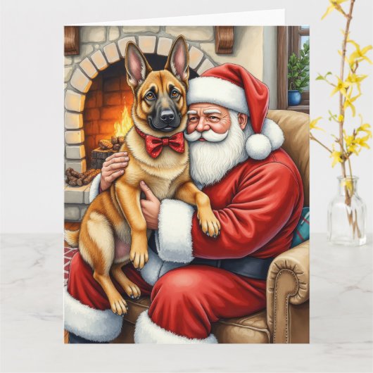 Santa Claus Holding Belgian Malinois Christmas Art Karte (Gelbe Blume)