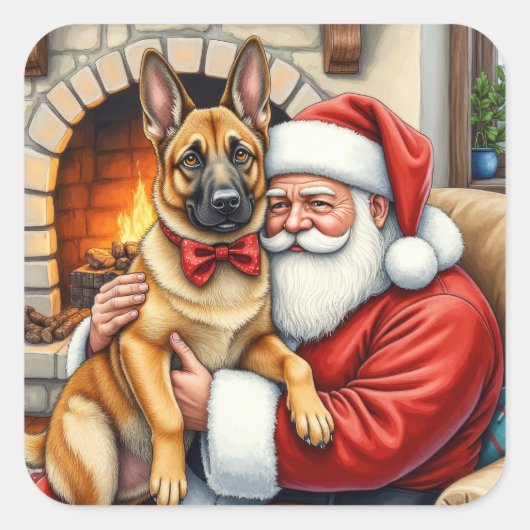 Santa Claus Holding Belgian Malinois Christmas Art Quadratischer Aufkleber (Vorderseite)