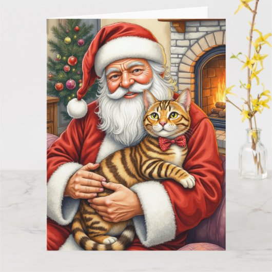 Santa Claus Holding Bengal Cat Christmas Art Karte (Gelbe Blume)