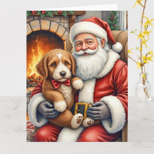 Santa Claus Holding Bernedoodle Christmas Art Karte (Gelbe Blume)