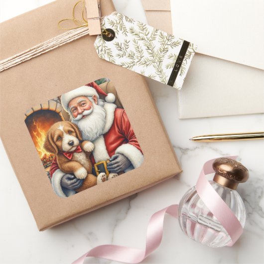 Santa Claus Holding Bernedoodle Christmas Art Quadratischer Aufkleber (Schenken)