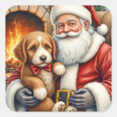 Santa Claus Holding Bernedoodle Christmas Art Quadratischer Aufkleber (Vorderseite)