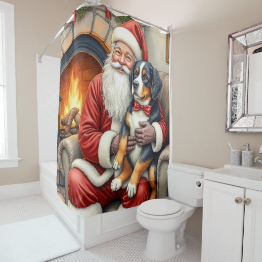 Santa Claus Holding Bernese Mountain Dog Christmas Duschvorhang (Beispiel)