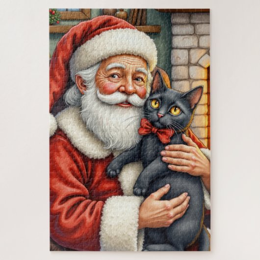 Santa Claus Holding Black Cat Christmas Art Puzzle (Vertikal)