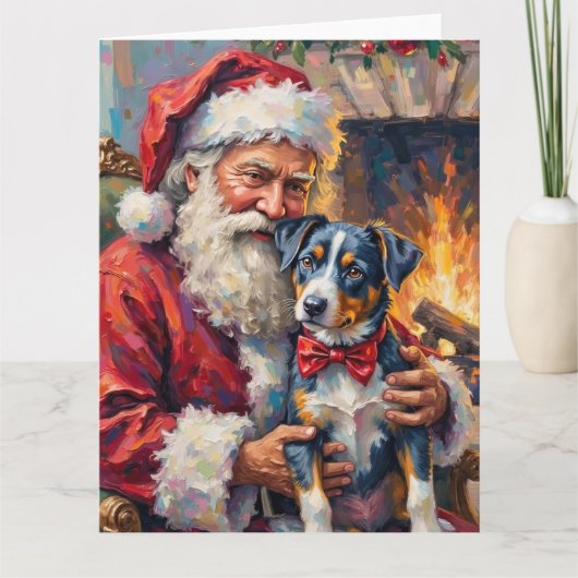 Santa Claus Holding Blue Heeler Christmas Art Karte (Vorderseite)