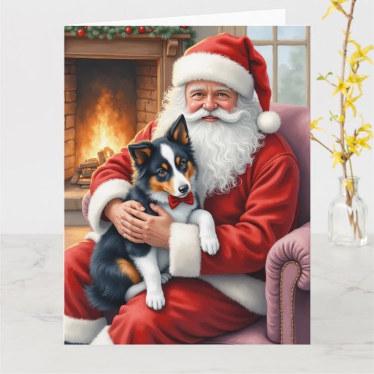 Santa Claus Holding Border Collie Christmas Art Karte (Gelbe Blume)