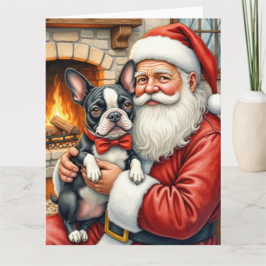 Santa Claus Holding Boston Terrier Christmas Art Karte (Vorderseite)