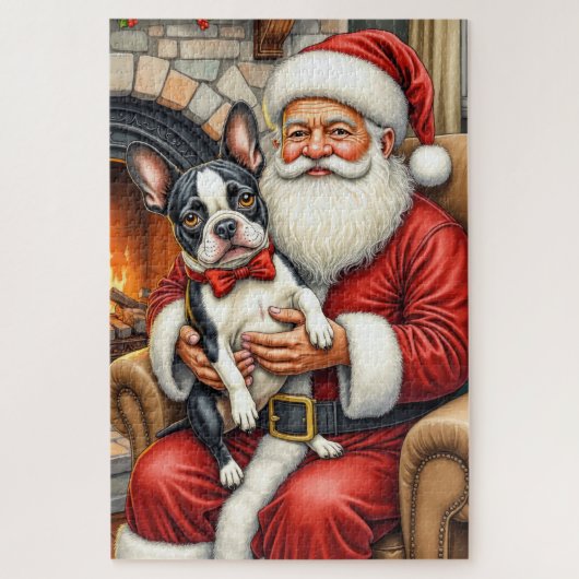 Santa Claus Holding Boston Terrier Christmas Art Puzzle (Vertikal)