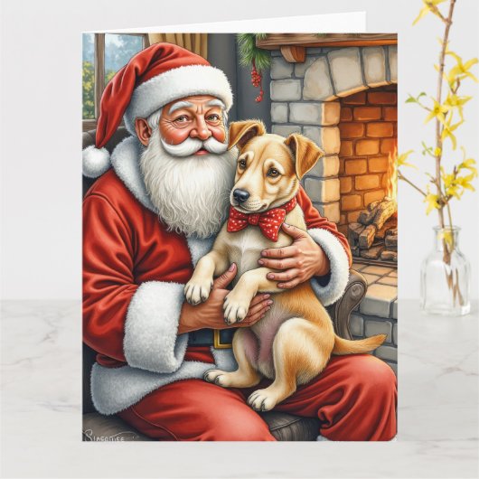Santa Claus Holding Bouvier des Flandres Christmas Karte (Gelbe Blume)