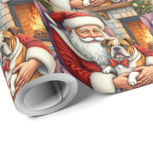 Santa Claus Holding Bulldog Christmas Art Geschenkpapier (Rolleneckpunkt)