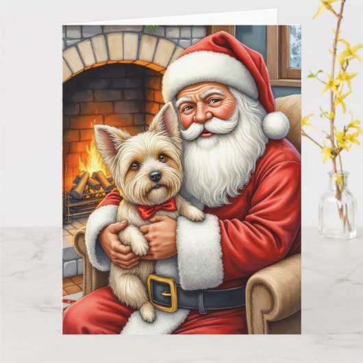Santa Claus Holding Cairn Terrier Christmas Art Karte (Gelbe Blume)