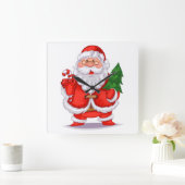 Santa Claus Holding Christmas Tree Quadratische Wanduhr (Zuhause)
