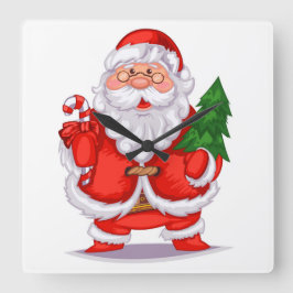 Santa Claus Holding Christmas Tree Quadratische Wanduhr