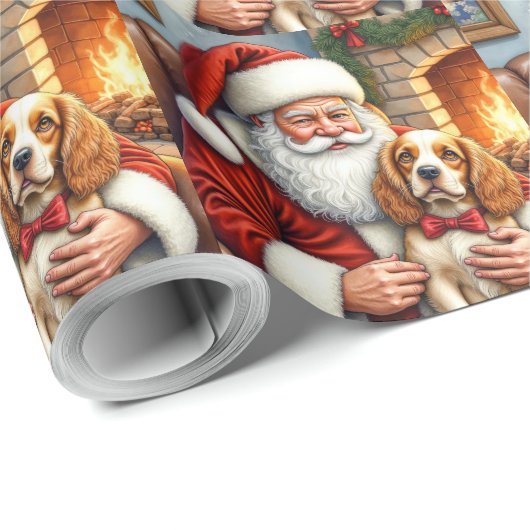 Santa Claus Holding Cocker Spaniel Christmas Art Geschenkpapier (Rolleneckpunkt)