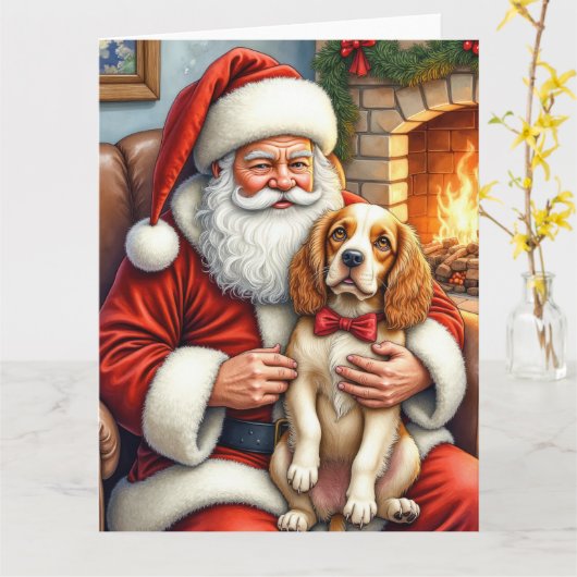 Santa Claus Holding Cocker Spaniel Christmas Art Karte (Gelbe Blume)