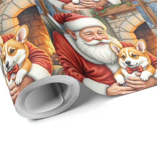 Santa Claus Holding Corgi Christmas Art Geschenkpapier (Rolleneckpunkt)