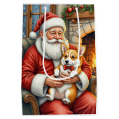 Santa Claus Holding Corgi Christmas Art Mittlere Geschenktüte (Rückseite)