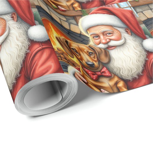 Santa Claus Holding Dachshund Christmas Art Geschenkpapier (Rolleneckpunkt)