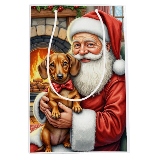 Santa Claus Holding Dachshund Christmas Art Mittlere Geschenktüte (Vorderseite)
