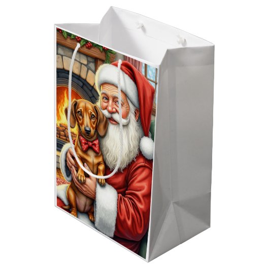 Santa Claus Holding Dachshund Christmas Art Mittlere Geschenktüte (Rückseite Schrägansicht)