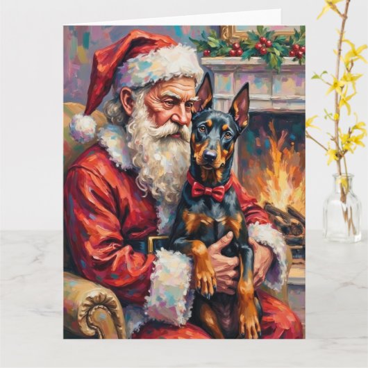 Santa Claus Holding Doberman Christmas Art Karte (Gelbe Blume)