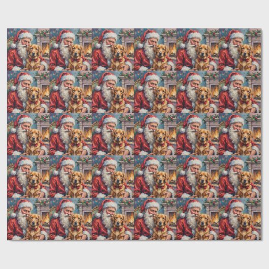 Santa Claus Holding Golden Retriever Christmas Art Geschenkpapier (Flach)