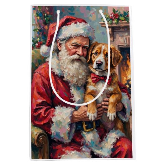 Santa Claus Holding Greater Swiss Mountain Art Mittlere Geschenktüte (Vorderseite)