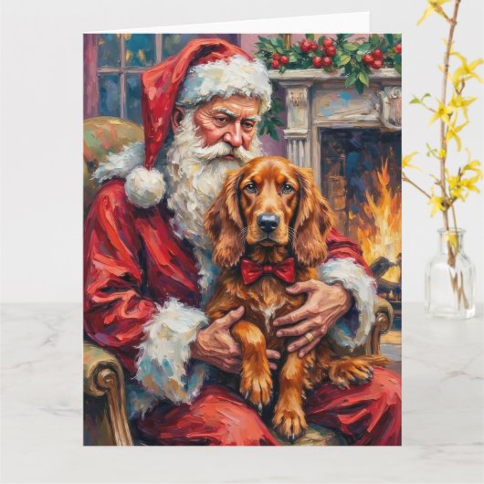 Santa Claus Holding Irish Red Setter Christmas Art Karte (Gelbe Blume)