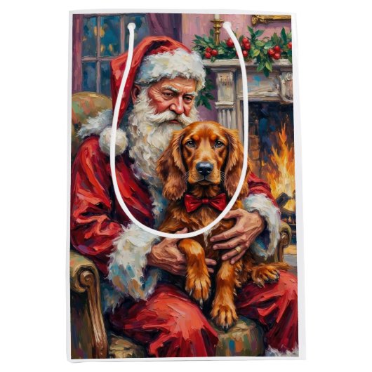 Santa Claus Holding Irish Red Setter Christmas Art Mittlere Geschenktüte (Vorderseite)