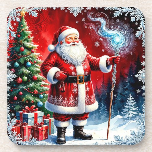 Santa Claus Holding Magic Staff Getränkeuntersetzer (Vorderseite)