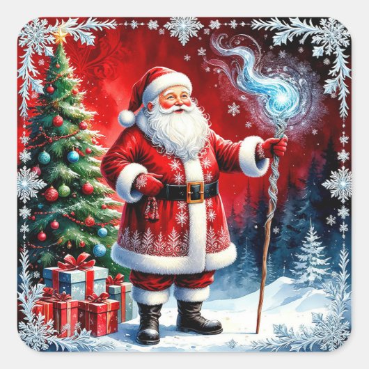 Santa Claus Holding Magic Staff Quadratischer Aufkleber (Vorderseite)