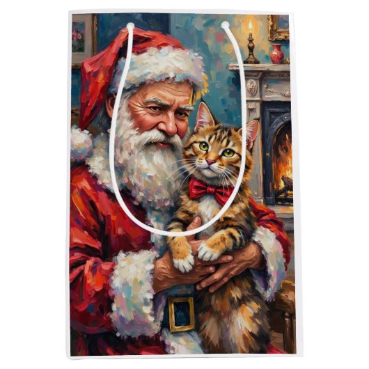 Santa Claus Holding Maine Coon Cat Christmas Art Mittlere Geschenktüte (Vorderseite)