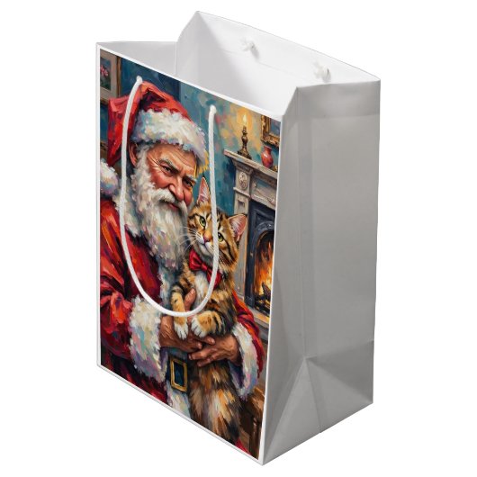 Santa Claus Holding Maine Coon Cat Christmas Art Mittlere Geschenktüte (Rückseite Schrägansicht)