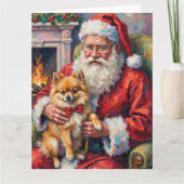 Santa Claus Holding Pomeranian Christmas Art Karte (Vorderseite)