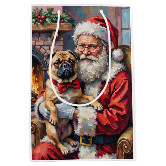 Santa Claus Holding Pug Christmas Art Mittlere Geschenktüte (Vorderseite)