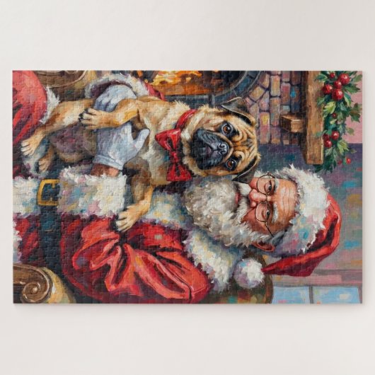 Santa Claus Holding Pug Christmas Art Puzzle (Horizontal)