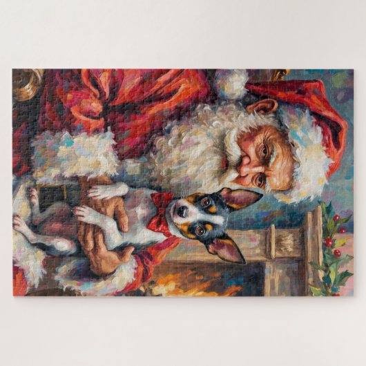 Santa Claus Holding Rat Terrier Christmas Art Puzzle (Horizontal)