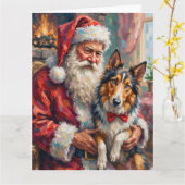 Santa Claus Holding Rough Collie Christmas Art Karte (Gelbe Blume)