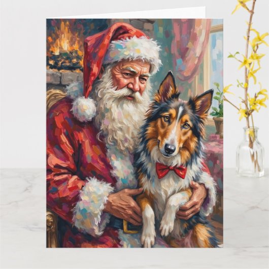 Santa Claus Holding Rough Collie Christmas Art Karte (Gelbe Blume)