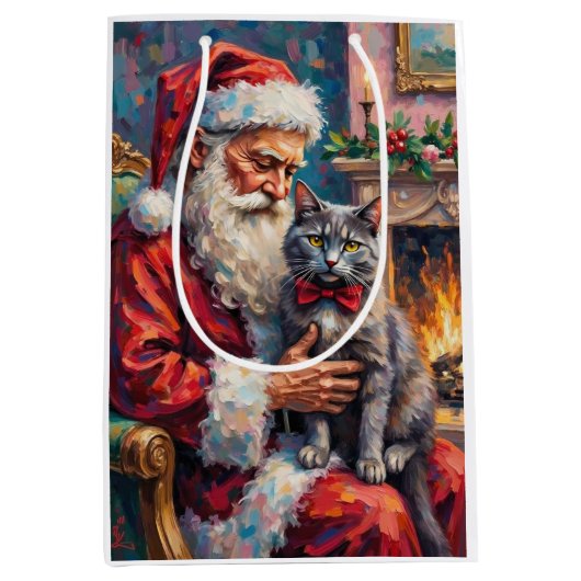Santa Claus Holding Russian Blue Cat Christmas Art Mittlere Geschenktüte (Vorderseite)