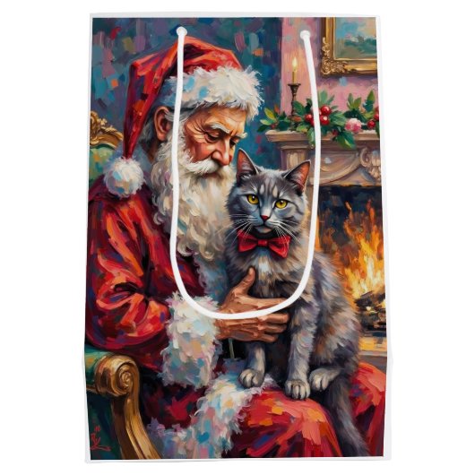 Santa Claus Holding Russian Blue Cat Christmas Art Mittlere Geschenktüte (Rückseite)
