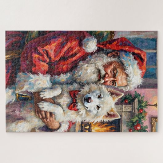 Santa Claus Holding Samoyed Christmas Art Puzzle (Horizontal)