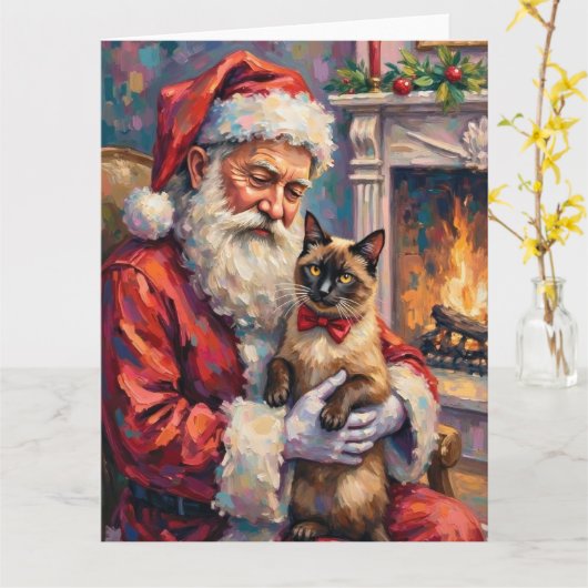 Santa Claus Holding Siamese Cat Christmas Art Karte (Gelbe Blume)
