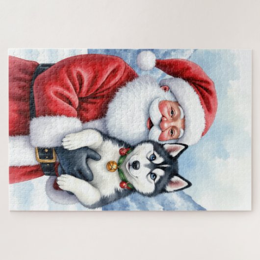 Santa Claus Holding Siberian Husky Christmas Art Puzzle (Horizontal)