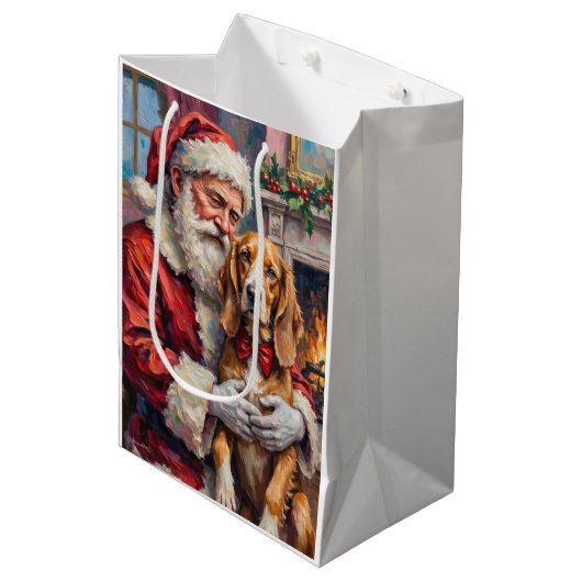 Santa Claus Holding Silken Windhound Christmas Art Mittlere Geschenktüte (Vorderseite Schrägansicht)